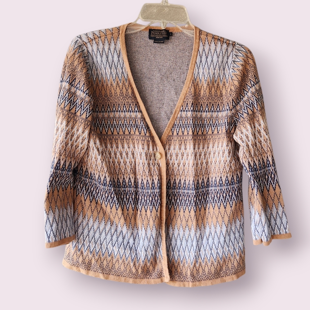 Pendleton Tan and Blue Geometric Cardigan